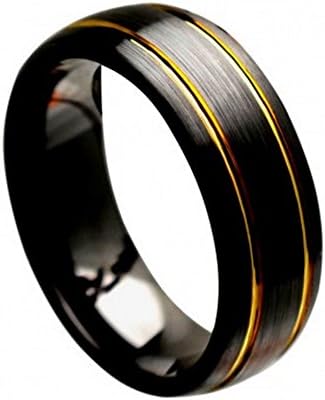 8mm Ceramic Wedding Band Ring Black Domed Ring Brushed Finish with 2 Yellow Gold Plated Grooves (9.5)