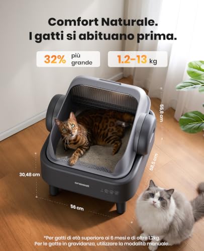 oneisall Self-cleaning Cat Litter Tray with EaseClean™ System, XXL Self-Cleaning Cat Litter for Large Cats, Stainless Steel Gate, Automatic and Manual Mode, Includes Mat and 40 Bags