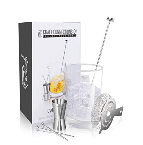 Crystal Cocktail Mixing Glass Bar Set: 700ml Thick Wall Lead-Free Mixing Glass | Stainless Spiral Bar Spoon w/Muddler | Cocktail Strainer | 0.5oz / 1oz Jigger. Great Gift & Shaker Alternative!