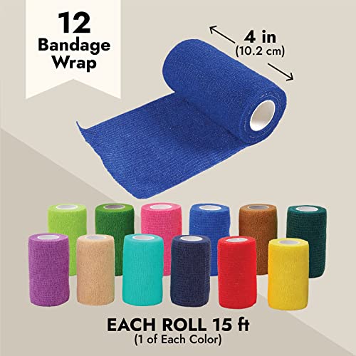 12 Rolls Colorful Self Adhesive Bandage Wrap, 4 Inch x 5 Yards Cohesive