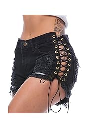 Weigou Pantalones cortos para dama con agujeros recortados, pantalones vaqueros, pantalones cortos de encaje