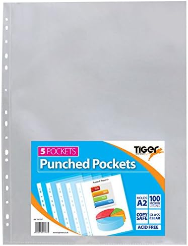 Tiger 5 x Portrait A2 Glass Clear Plastic Wallets Strong Art Poly Punched Pocket Sleeves