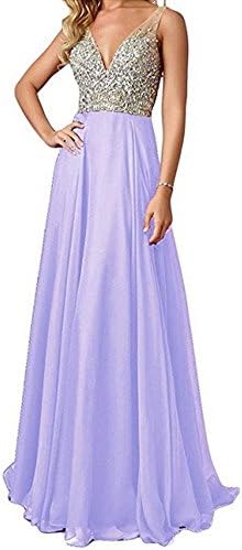 QSYE Women's Beaded Prom Dreeses Long V-Neck Chiffon Evening Gowns 2017 Lavender,8