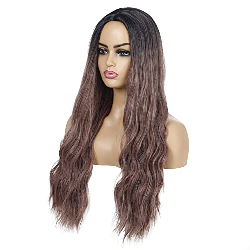 UHIBROS Long Wave Wigs With Bangs Purple For Women DarkSynthetic Long Wavy Hair Cosplay Heat Resistant Fiber Curly Hair 26inchs For Daily Party （Ombre Purple）