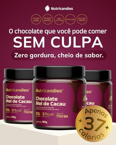 Chocolate Zero Gordura Nutricandies 100% Natural com Mel de Cacau e Maçã – Sobremesa Saudável Premium - Sem Gluten - Apenas 37 Calorias por Porção