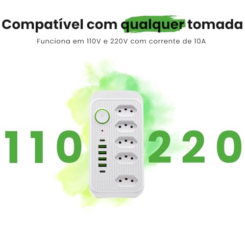 Extensão de Energia Filtro de Linha Régua de Energia com 5 Tomadas 4 USB-A e 2 USB Tipo-C Cabo 2 Metros Bivolt 110-220V Potência 2500W e Carregamento Inteligente Linha Premium (Branco)