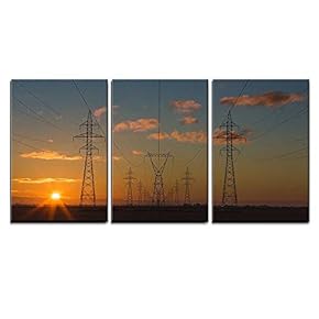 3 Piece Canvas Wall Art - Beautiful Silhouette of Electricity Towers During Sunset - Modern Home Art Stretched and Framed Ready to Hang - 16"x24"x3 Panels