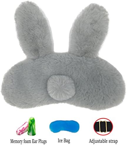 Lovely Plush Rabbit Tail Sleep Mask by Hitos | Eye Mask with Gel Pad, Super Soft and Smooth Sleep Mask with Adjustable Strap for Insomnia, Sleep Difficulties and Puffed Eyes (Gray)