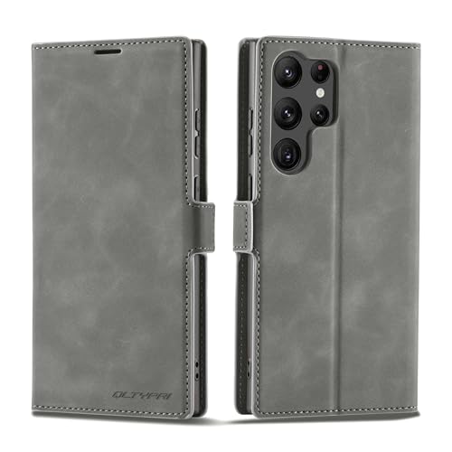 QLTYPRI Case for Samsung Galaxy S25 Ultra, Premium PU Leather Cover TPU Bumper with Card Holder Kickstand Hidden Magnetic Adsorption Shockproof Flip Wallet Case for Samsung Galaxy S25 Ultra - Grey