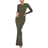 REORIA Women's Sexy Crew Neck Lounge Long Dress Elegant Long Sleeve Ribbed Bodycon Maxi Dresses