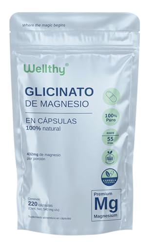 Wellthy Glicinato de Magnesio 220 Cápsulas 432mg. 100% Natural, Alta Absorción, Cápsulas Veganas, Bottle Free.