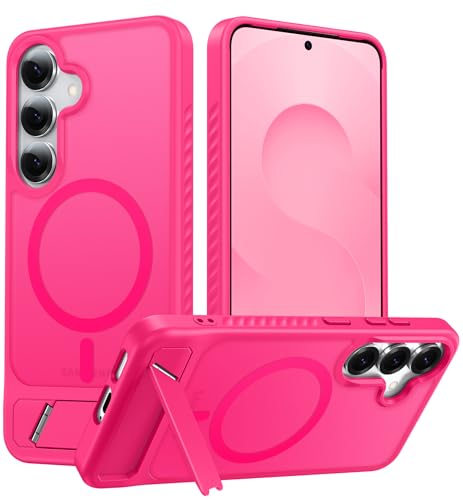 FNTCASE for Samsung Galaxy S25 Case: Magnetic Translucent Matte Phone Cover with Kickstand Military Grade Shockproof Protective Drop Protection Stand Phonecase Slim Rugged - 2025, 6.2 inch (Hot Pink)