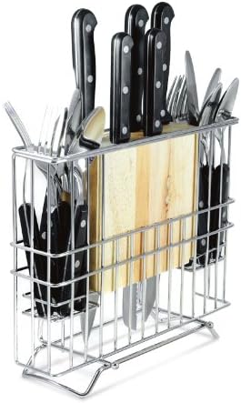 20-Piece Stainless Steel Cutlery, Carving, Table Set w/Round Hardwood Block Cutting Board & Chrome Storage Caddy Rack