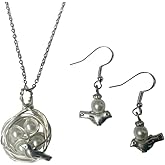 Bird's Nest Pendant with 4 eggs & Earring Set - with 4 white glass pearl Eggs on a 24 inch stainless steel link chain
