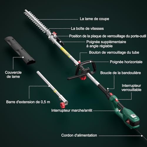 HYCHIKA Electric Telescopic Hedge Trimmer 900 W, Pole Pruner, Electric Hedge Trimmer, Extendable 200-250 cm, Double Switch and Double Handle, for Trimming Hedges and Shrubs