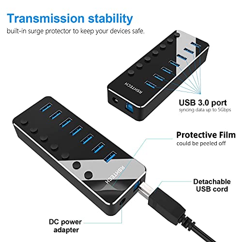RSHTECH USB Hub Powered 7 Port USB 3.0 Data Hub Aluminum USB Extension Splitter with Individual On/Off Switch Universal AC to DC 5V Power Adapter (RSH-518) - Image 6
