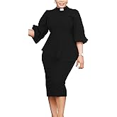 Church Clergy Dress for Women 3/4 Sleeve Irregular Ruffle Pencil Dress with Tab Collar