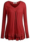 DJT Women's V Neck Long Sleeve Ruched Front T Shirt Blouse Top Large Wine