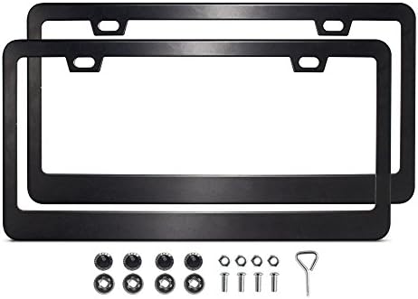 Black License Plate Frames (2 Pieces), Matte Stainless Steel Car Licence Plate Covers Slim Design with 2 Holes Fixed + Crystal Screw Caps