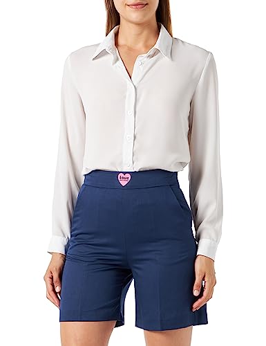 Love Moschino Bermuda Shorts in Linen Blend Fancy Fluid Fabric, Customized with Heart Patch on Front Strap.