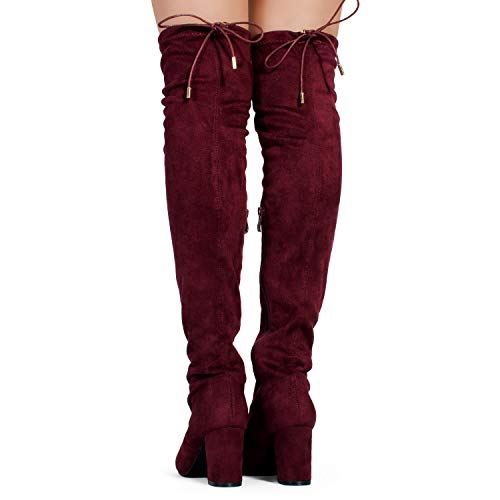 RF ROOM OF FASHION Women's Medium Calf Over The Knee Chunky Heel Stretch Boots Burgundy Size.6.5 - Thumbnail 3