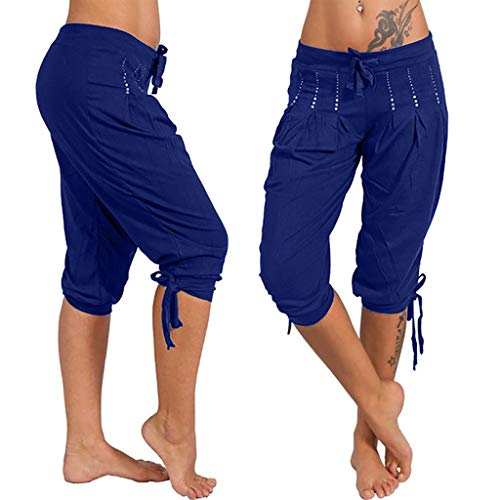Botrong Womens Shorts Fashion Summer Bowknot Capri Baggy Harem Pants with Drawstring (Blue,M)