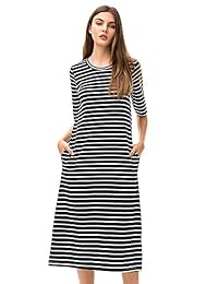 MessBebe - Vestido de manga corta para mujer, diseño de rayas, de algodón, casual, con bolsillo