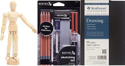 Urban Drawing Kit with Wood Human Figure — Includes Graphite Pencils B, HB, 2B, Sharpener and Eraser/Pastel/Blender + Paper Sketchbook Pad & Jack Richeson 4.5" Manikin
