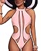 Tempt Me Women One Piece Sexy See Through Mesh Cutout Halter Monokini Pink S