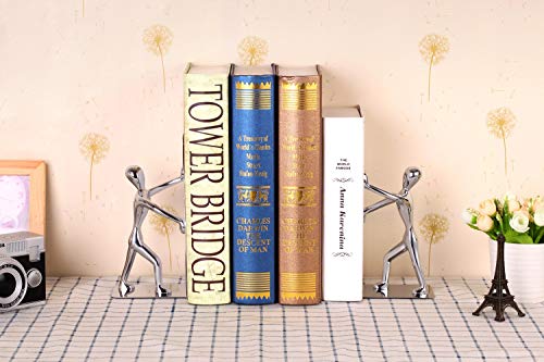 MROCO Heavy Duty Zinc Alloy Man Decorative Bookends, Non-Skid, Metal Book Ends for Shelves, Book Support, Book Stopper for Books, Movies, Magazines, Video Games, 7.28" x 6.1", Silver, 2 Pair/4 Pieces