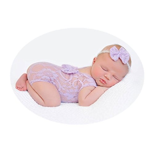 Newborn Baby Photography Props Lace Butterfly Headdress Vest Bodysuit Sets for Boys Girls Photo Shoot Props (Purple)