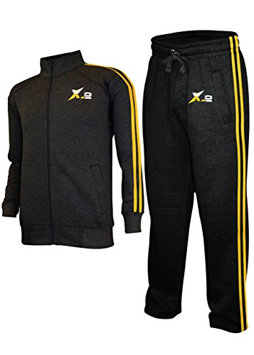 X-2 Mens Athletic Fleece Tracksuit Jogging Sweatsuit Activewear 2Yelow Pipe Char M Charcoal - Thumbnail 2