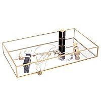 CHICHIC Gold Mirror Tray Jewelry Organizer Vanity Tray Jewelry Tray Perfume Tray Dresser Tray Decorative Tray, Glass Metal Makeup Tray for Bathroom Bedroom Cosmetics Storage, Large 13.7x7.9 Inch