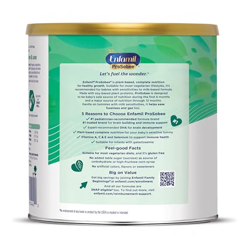 ENFAMIL PROSOBEE PLANT BASED BABY FORMULA, FOR SENSITIVE TUMMIES, SOY-BASED PLANT SOURCED PROTEIN, VITAMINS FOR IMMUNE SUPPORT, LACTOSE-FREE, MILK FREE, GLUTEN FREE, 20.9 OZ CAN
