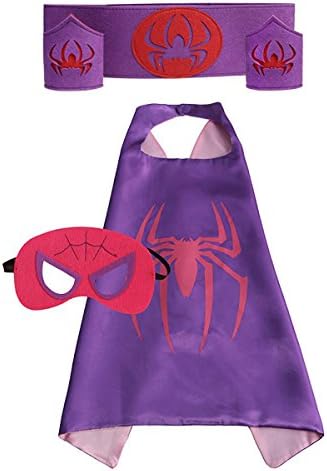 Super Hero Cape Bundle - 4 Items - 1 Cape - 1 Mask - 1 Waistband - 2 Wristbands – Great for Kids Birthday Party , Halloween , pretend play parties , Christmas (Spider Girl)