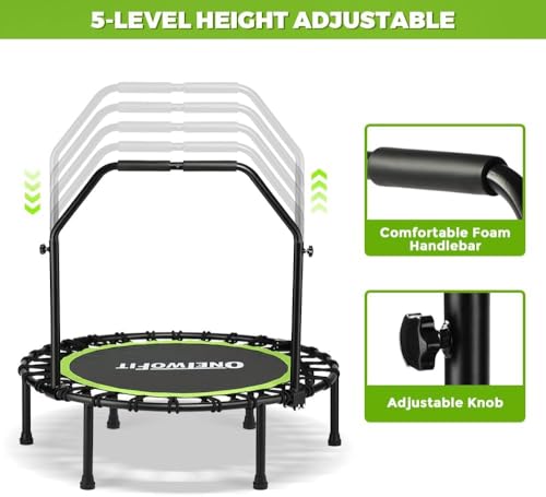 ONETWOFIT Trampolín Plegable para Adultos 101/107/114cm, Mini trampolín de Fitness, con Mango de Espuma Ajustable, elásticos, Ejercicio silencioso para Interior Personal