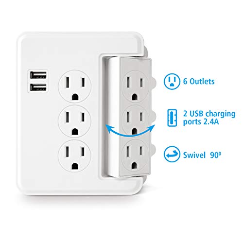 HomeHopes 6 Outlet Swivel Wall Adapter, Swivel Outlet with Usb ports