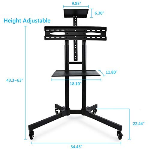 Heavy Duty Support 140 lbs TV Cart, Antistatic Coating Mobile TV Stand Fits 32-65” LED LCD Plasma Flat Screen 43-63” Adjustable Trolley-Mobile TV Mount with Wheels & 2 Organize Shelves - Thumbnail 4