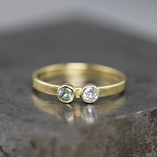 18k Yellow Gold Two Stone Ring with Teal Montana Sapphire and Moissanite