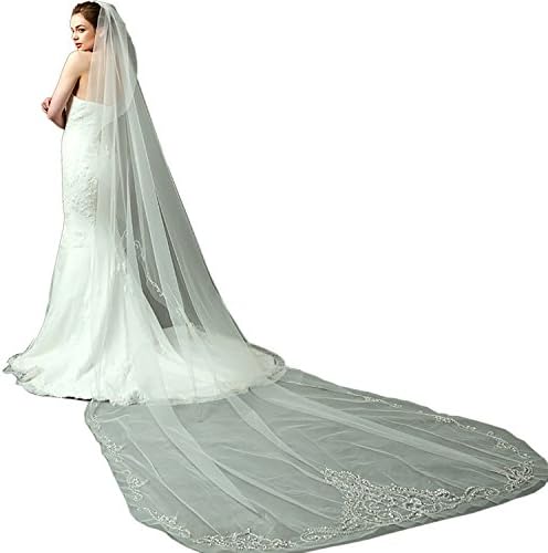 LynnBridal One Tier Cathedral Length Wedding Veil with Beaded Embroidery