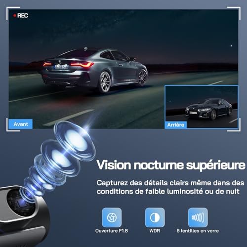 4K Dashcam Voiture Avant Arrière, Wi-FI Caméra Voiture, Grand Angle 170° G-Capteur, Caméra Embarquée Voiture avec Mode Stationnement 24H, Vision Nocturne, Enregistrement en Boucle