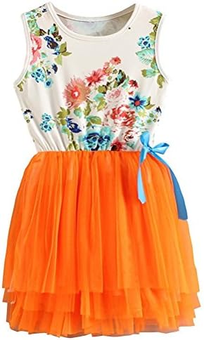 Nichna Little Girls Summer Sleeveless Floral Dress with Bowknot Tulle Tutu Sundress (3 Year, Orange)