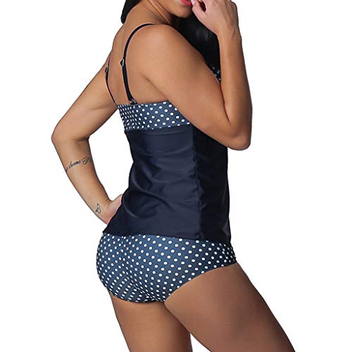 Women Tankini Tank Swimwear - Plus Size Strap Push Up Padded Bra Swimsuit - Vintga Dot Knot Front Boyshorts Beachwear (XL, Dark Blue)