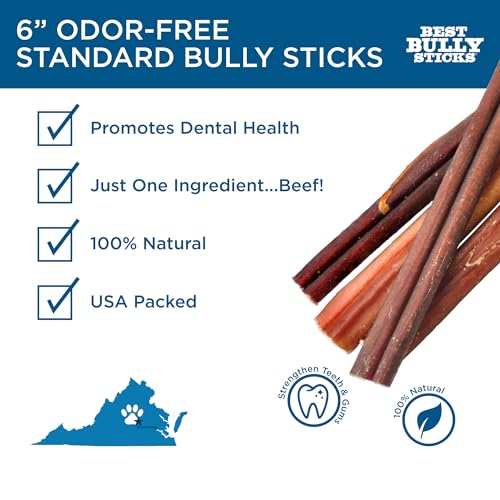 Best Bully Sticks 6 Inch Odor-Free Bully Sticks - 20 Count (Pack of 1) - Bulk Bag, Odorless Natural Grass-Fed Beef, Easily Digestible, No Grain or Rawhide, Ideal for Big Breeds