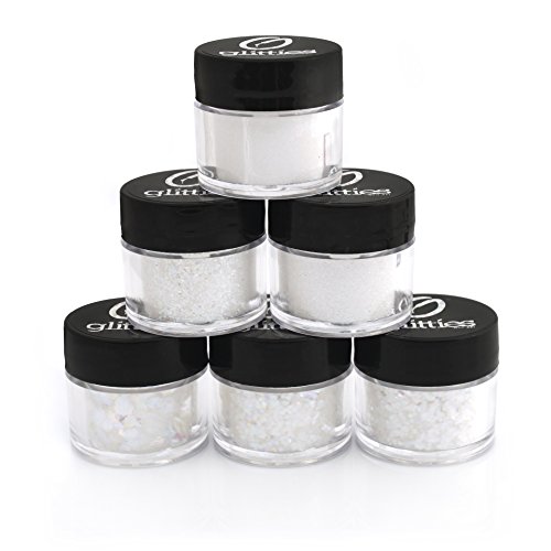 Iridescent White glitter Kit (6Pk) - 6 Different Holographic Loose glitter Sizes, Extra Fine Powder, Fine Powder, Hexagons, & Square glitter - Solvent Resistant & Cosmetic grade For Nails & Skin.