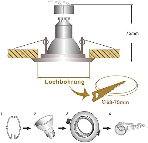10er LED Einbaustrahler GU10 Set Einbaurahmen Rund Einbauleuchten 68mm Deckenspots Edelstahl Gebürstet Optik Inkl. GU10 Fassung für LED oder Halogen Leuchtmittel, 30° Schwenkbar 5