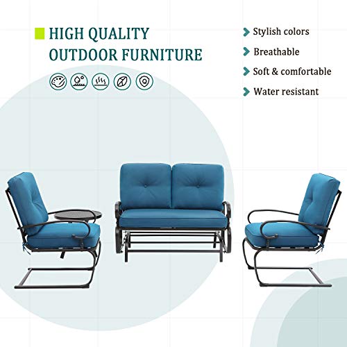Oakmont Outdoor Patio Furniture Conversation Set Glider Loveseat, 2 Chairs with Coffee Table Spring Metal Lounge Chair Sets Wrought Iron Frame, Peacock Blue