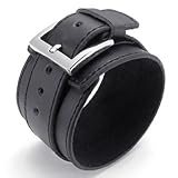 KONOV Jewelry Wide Genuine Black Leather Men's Bangle Cuff Bracelet