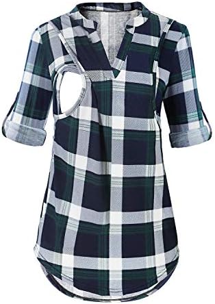 PrettyLife Nursing Tops with Side Pockets Notch Neck Plaid Breastfeeding Blouse Shirt