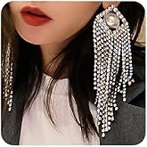 Octwine Fashion Crystal Long Tassel Full Bling Bling Rhinestone Pearls Drop Earrings Oversized Wedding Prom Party Long Rhinestone Earrings for Women
